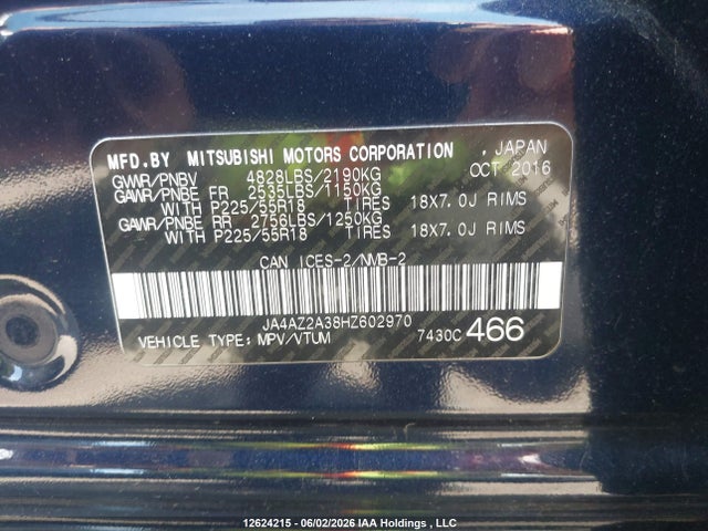 12624215 :رقم المزاد ، JA4AZ2A38HZ602970 vin ، 2017 Mitsubishi Outlander Es مزاد بيع