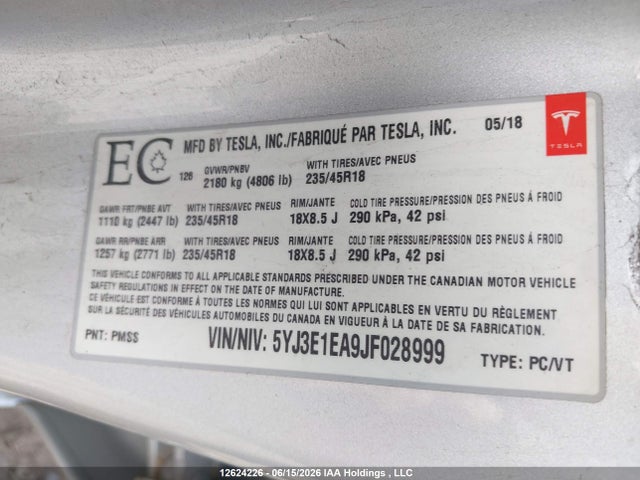 Tesla MODEL 3 2018 5YJ3E1EA9JF028999 Image 9