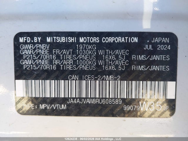 Aukcja sprzedaży 2024 Mitsubishi Rvr Se/sel/noir/gt, vin: JA4AJVAW8RU608589, numer aukcji: 12624235