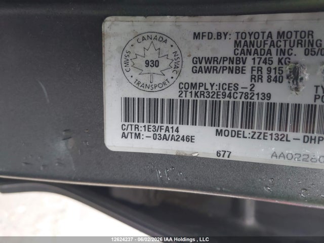 Aukcja sprzedaży 2004 Toyota Corolla Matrix Xr, vin: 2T1KR32E94C782139, numer aukcji: 12624237