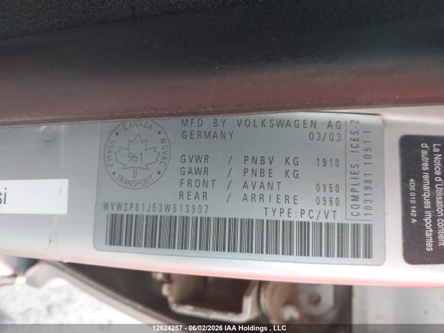 Aukcja sprzedaży 2003 Volkswagen Jetta Gls Tdi, vin: WVWSP61J53W513907, numer aukcji: 12624257
