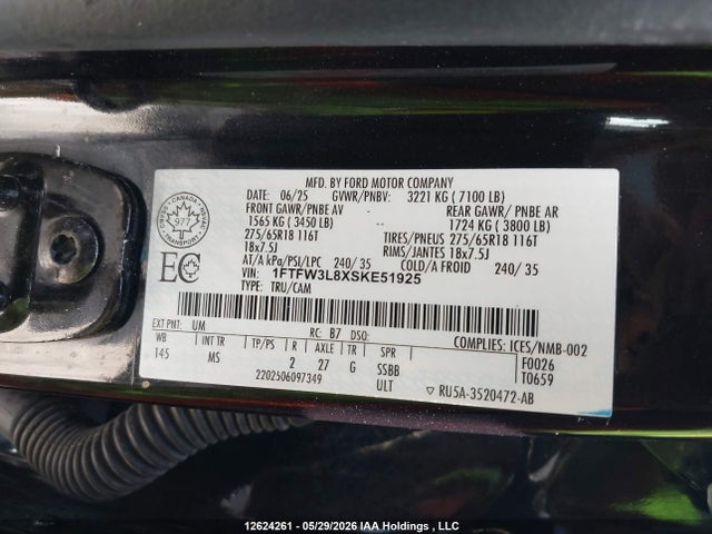 12624261 :رقم المزاد ، 1FTFW3L8XSKE51925 vin ، 2025 Ford F-150 Xlt مزاد بيع