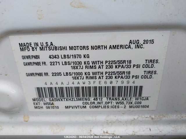 12624263 :رقم المزاد ، 4A4AJ4AW3FE607994 vin ، 2015 Mitsubishi Rvr Gt مزاد بيع