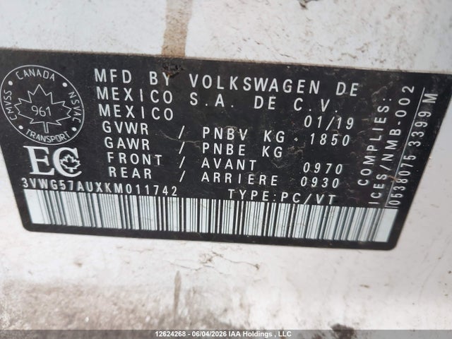 Aukcja sprzedaży 2019 Volkswagen Golf, vin: 3VWG57AUXKM011742, numer aukcji: 12624268