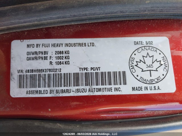 12624269 :رقم المزاد ، 4S3BH686X37600212 vin ، 2003 Subaru Outback Limited مزاد بيع