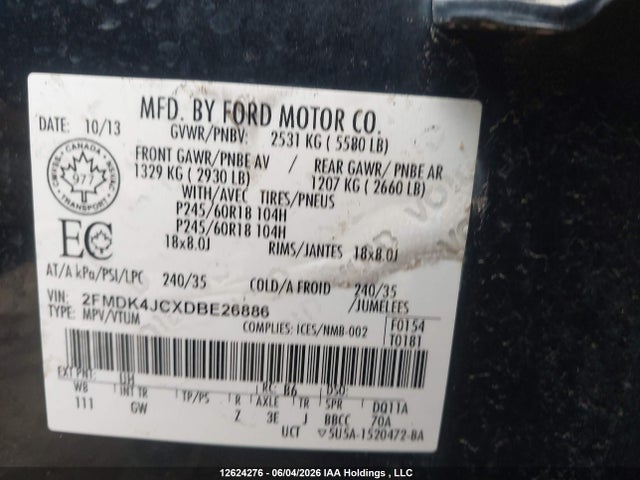 12624276 :رقم المزاد ، 2FMDK4JCXDBE26886 vin ، 2013 Ford Edge Sel مزاد بيع