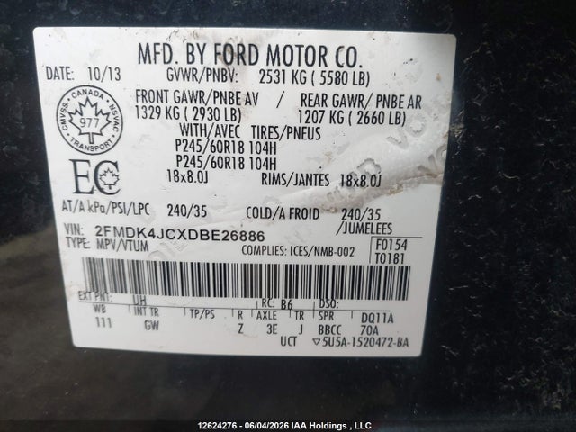 12624276 :رقم المزاد ، 2FMDK4JCXDBE26886 vin ، 2013 Ford Edge Sel مزاد بيع