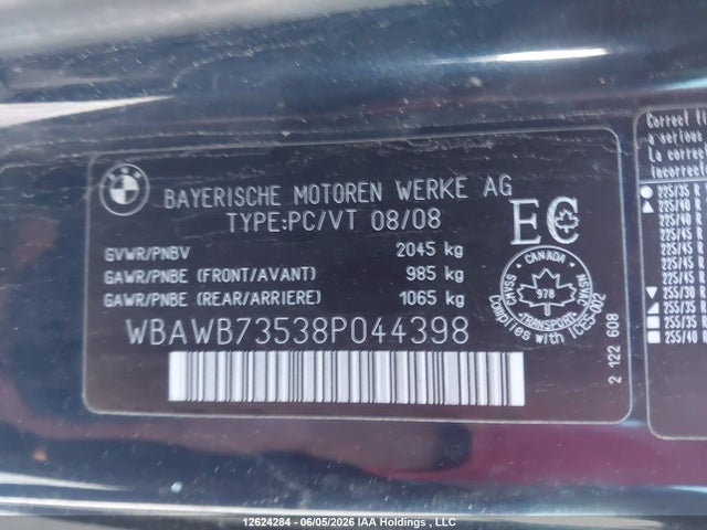 Aukcja sprzedaży 2008 Bmw 3-series, vin: WBAWB73538P044398, numer aukcji: 12624284