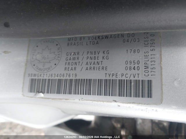 12624293 :رقم المزاد ، 9BWGK21J634067619 vin ، 2003 Volkswagen Golf Gls مزاد بيع