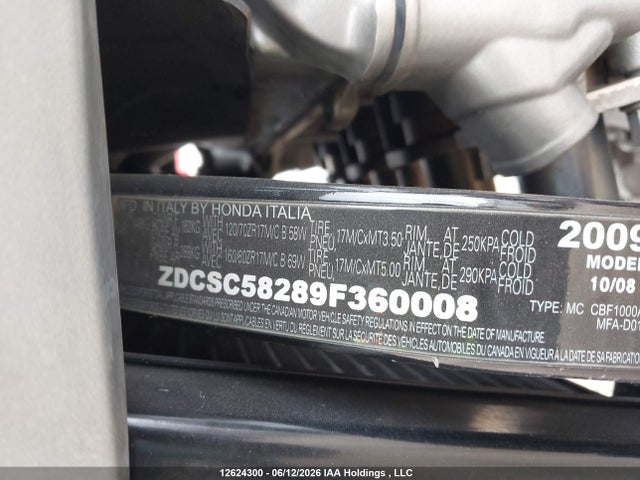 Продаж на аукціоні авто 2009 Honda Cbf 1000, vin: ZDCSC58289F360008, номер лоту: 12624300