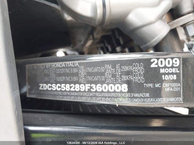 Продаж на аукціоні авто 2009 Honda Cbf 1000, vin: ZDCSC58289F360008, номер лоту: 12624300