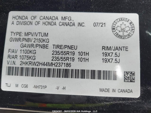 Продаж на аукціоні авто 2021 Honda Cr-v Sport, vin: 2HKRW2H44MH237186, номер лоту: 12624301