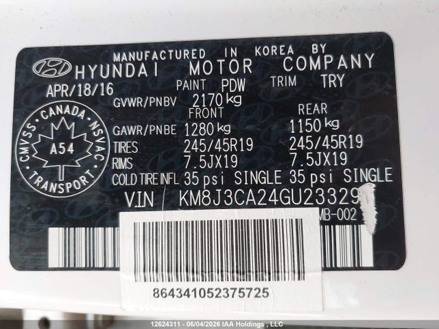 12624311 :رقم المزاد ، KM8J3CA24GU233293 vin ، 2016 Hyundai Tucson مزاد بيع