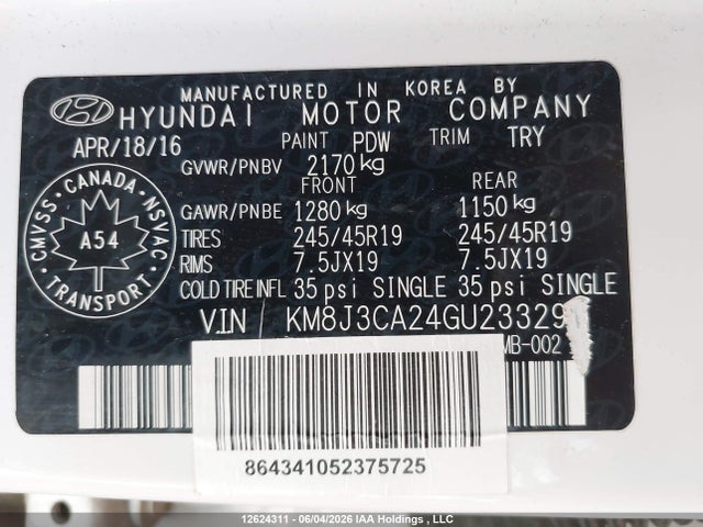 12624311 :رقم المزاد ، KM8J3CA24GU233293 vin ، 2016 Hyundai Tucson مزاد بيع