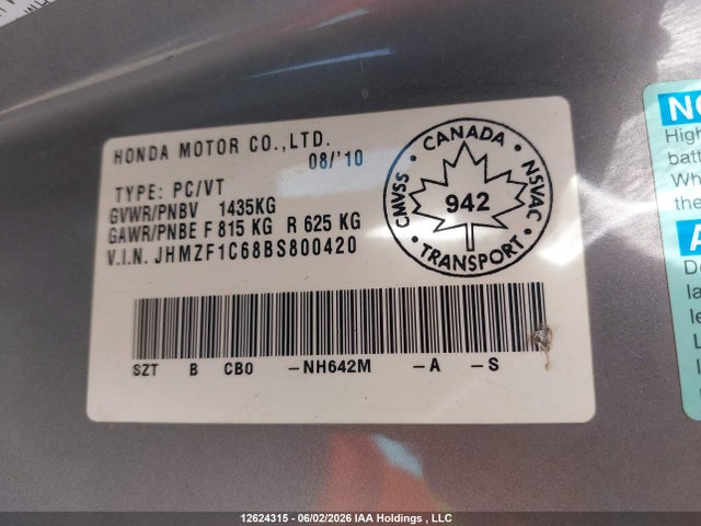 Продаж на аукціоні авто 2011 Honda Cr-z, vin: JHMZF1C68BS800420, номер лоту: 12624315