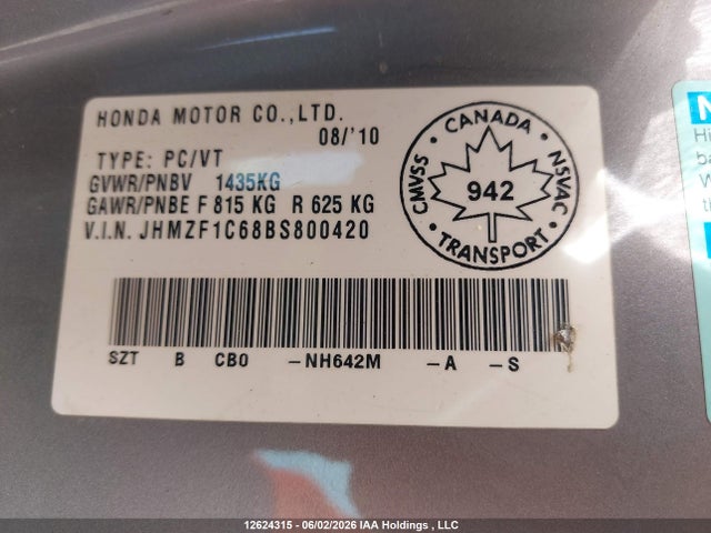 Продаж на аукціоні авто 2011 Honda Cr-z, vin: JHMZF1C68BS800420, номер лоту: 12624315
