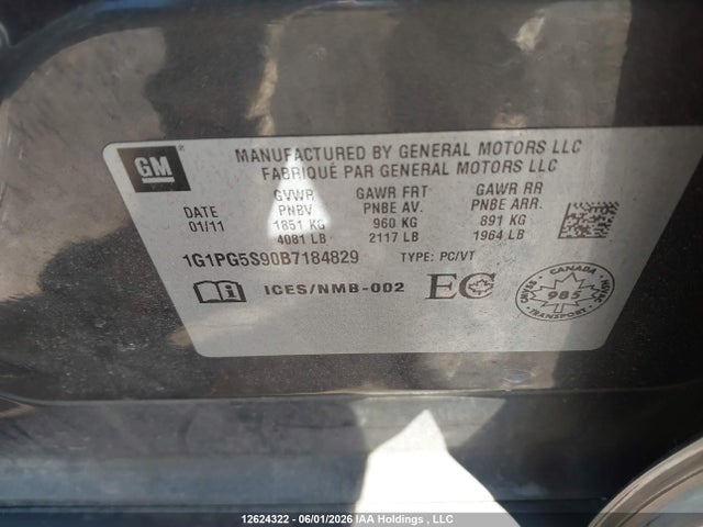 12624322 :رقم المزاد ، 1G1PG5S90B7184829 vin ، 2011 Chevrolet Cruze Lt Turbo مزاد بيع