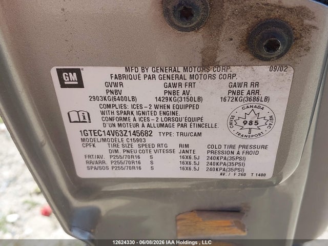 12624330 :رقم المزاد ، 1GTEC14V63Z145682 vin ، 2003 Gmc Sierra 1500 مزاد بيع