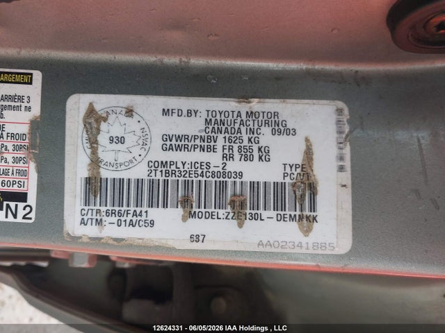 12624331 :رقم المزاد ، 2T1BR32E54C808039 vin ، 2004 Toyota Corolla Ce/le/s مزاد بيع