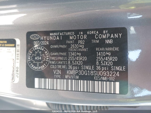Auction sale of the 2025 Hyundai Santa Fe Preferred Hybrid Awd With Trend Package, vin: KM8P3DG18SU093224, lot number: 12624333