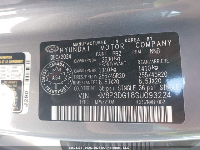Auction sale of the 2025 Hyundai Santa Fe Preferred Hybrid Awd With Trend Package, vin: KM8P3DG18SU093224, lot number: 12624333