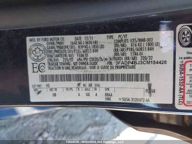 2012 Ford Fiesta Se მანქანა იყიდება აუქციონზე, vin: 3FADP4BJ3CM154428, აუქციონის ნომერი: 12624335