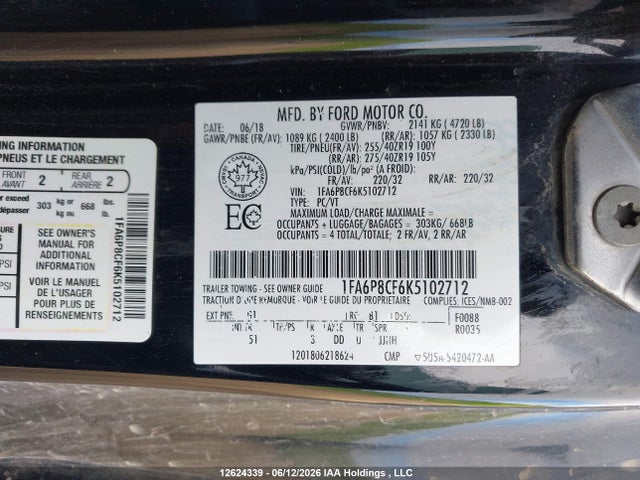 12624339 :رقم المزاد ، 1FA6P8CF6K5102712 vin ، 2019 Ford Mustang Gt Premium مزاد بيع