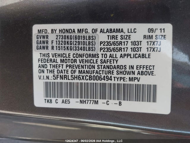 Продаж на аукціоні авто 2012 Honda Odyssey, vin: 5FNRL5H6XCB006494, номер лоту: 12624347