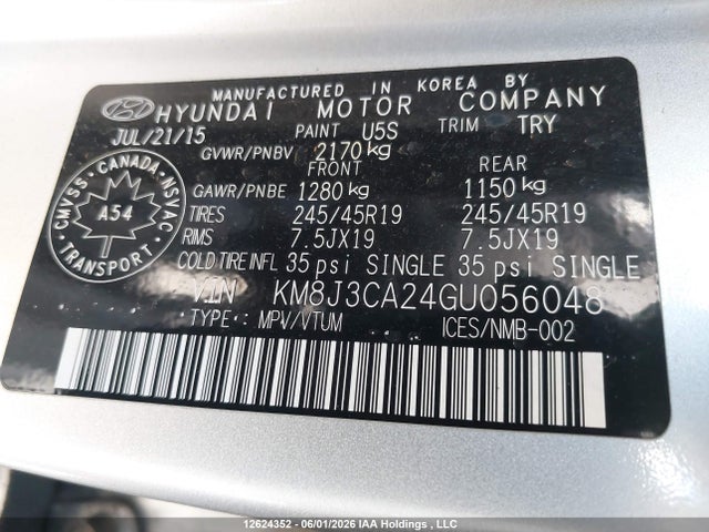 Продажа на аукционе авто 2016 Hyundai Tucson Premium 1.6, vin: KM8J3CA24GU056048, номер лота: 12624352