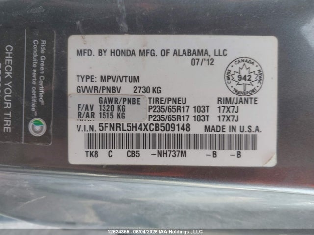 Продаж на аукціоні авто 2012 Honda Odyssey Ex, vin: 5FNRL5H4XCB509148, номер лоту: 12624355