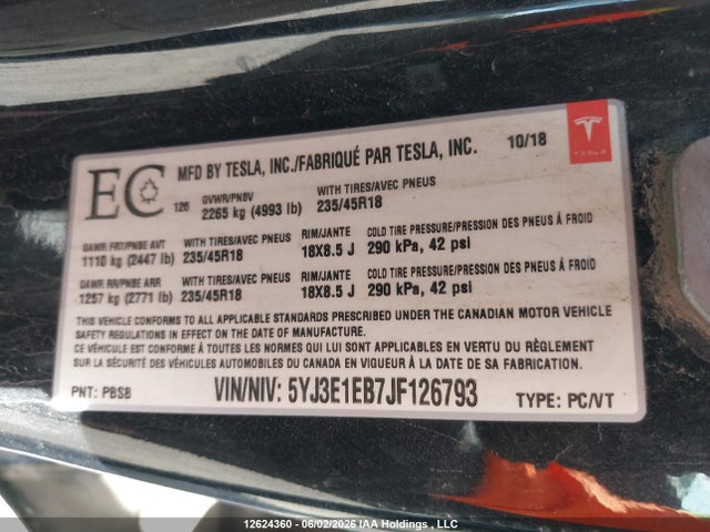Aukcja sprzedaży 2018 Tesla Model 3, vin: 5YJ3E1EB7JF126793, numer aukcji: 12624360
