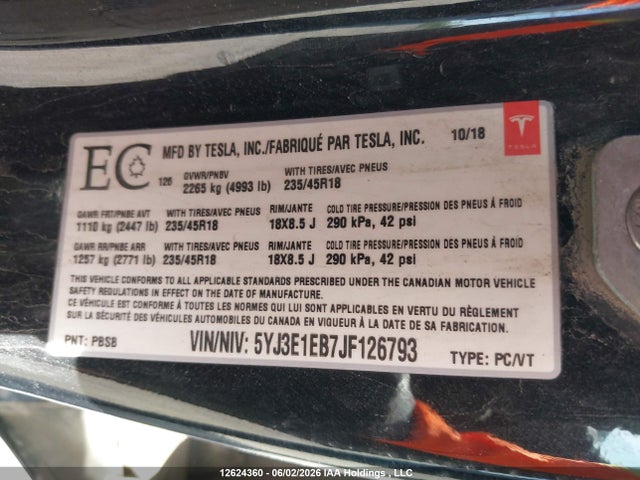 Aukcja sprzedaży 2018 Tesla Model 3, vin: 5YJ3E1EB7JF126793, numer aukcji: 12624360