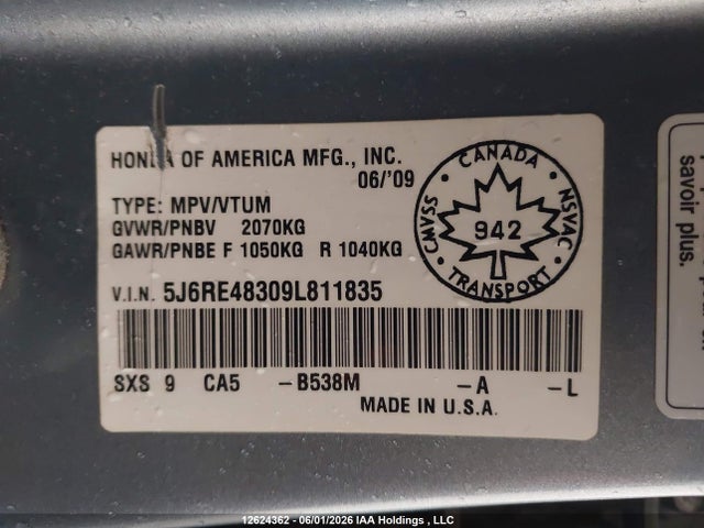 Продажа на аукционе авто 2009 Honda Cr-v Lx, vin: 5J6RE48309L811835, номер лота: 12624362