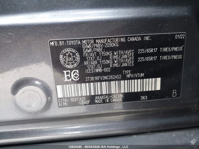 Продажа на аукционе авто 2022 Toyota Rav4 Le, vin: 2T3B1RFV3NC262452, номер лота: 12624365