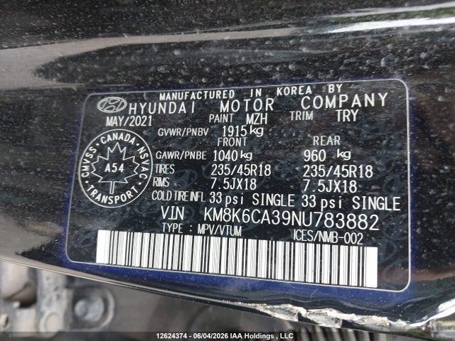 2022 Hyundai Kona Le N Line Awd მანქანა იყიდება აუქციონზე, vin: KM8K6CA39NU783882, აუქციონის ნომერი: 12624374