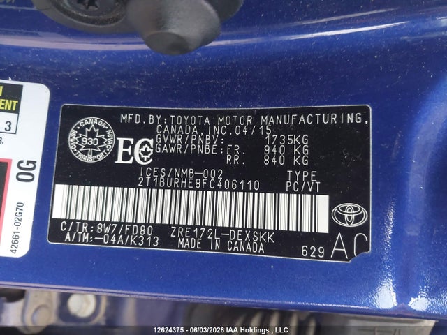 Продажа на аукционе авто 2015 Toyota Corolla L/le/le Pls/prm/s/s Pls, vin: 2T1BURHE8FC406110, номер лота: 12624375