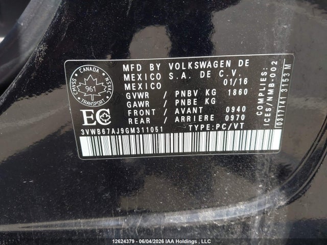 12624379 :رقم المزاد ، 3VWB67AJ9GM311051 vin ، 2016 Volkswagen Jetta Se مزاد بيع