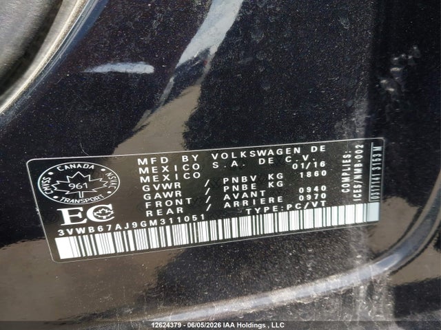 12624379 :رقم المزاد ، 3VWB67AJ9GM311051 vin ، 2016 Volkswagen Jetta Se مزاد بيع