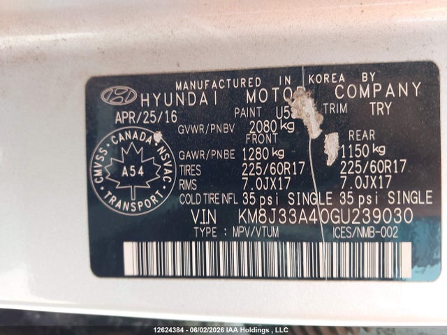 Продаж на аукціоні авто 2016 Hyundai Tucson Limited/sport And Eco/se, vin: KM8J33A40GU239030, номер лоту: 12624384