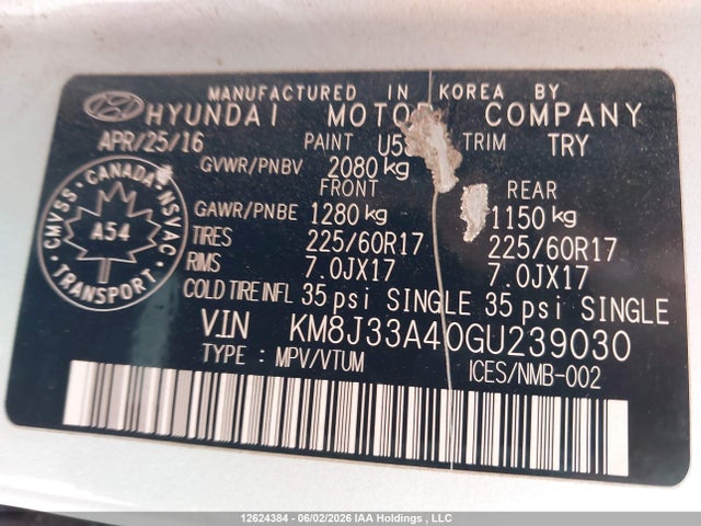 Продаж на аукціоні авто 2016 Hyundai Tucson Limited/sport And Eco/se, vin: KM8J33A40GU239030, номер лоту: 12624384