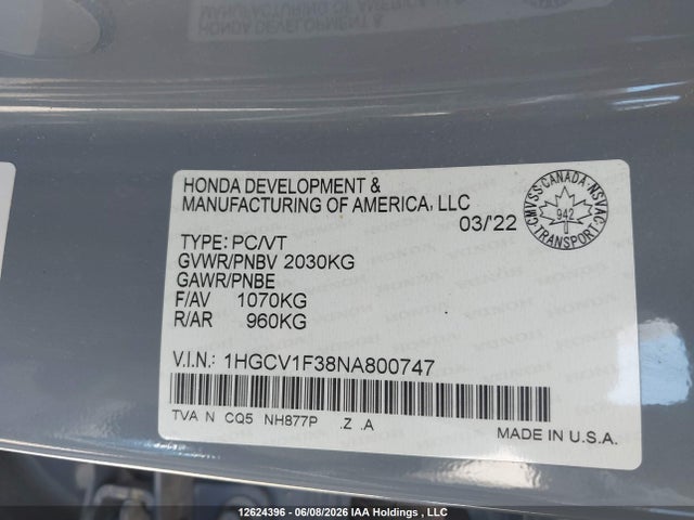 12624396 :رقم المزاد ، 1HGCV1F38NA800747 vin ، 2022 Honda Accord Sport 1.5t مزاد بيع