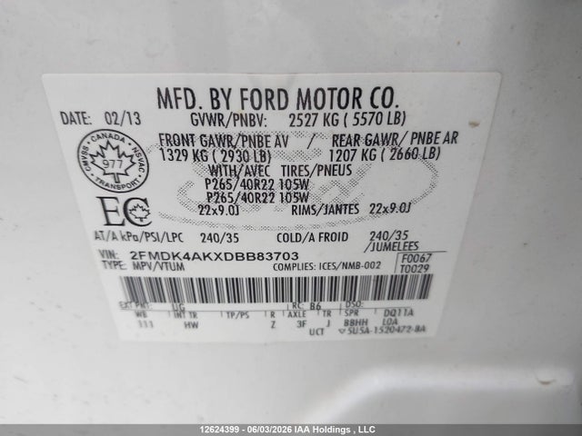 12624399 :رقم المزاد ، 2FMDK4AKXDBB83703 vin ، 2013 Ford Edge Sport مزاد بيع