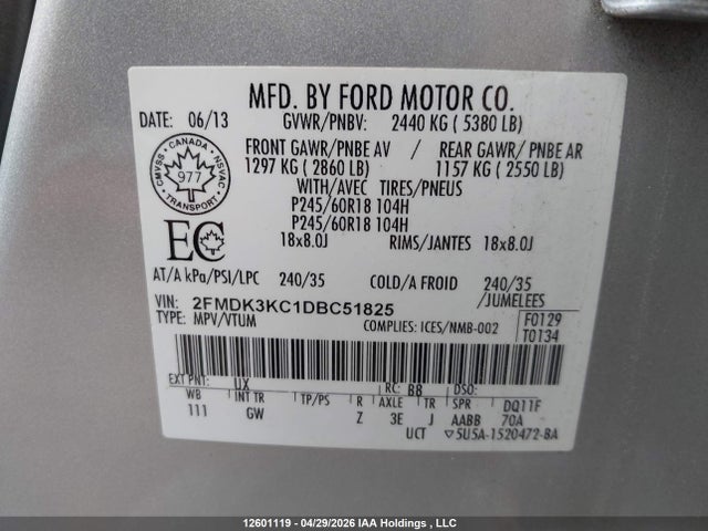 Aukcja sprzedaży 2013 Ford Edge Limited, vin: 2FMDK3KC1DBC51825, numer aukcji: 12601119