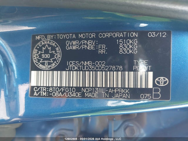 12602805 :رقم المزاد ، JTDKTUD35CD527878 vin ، 2012 Toyota Yaris مزاد بيع