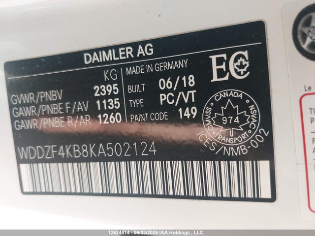 Aukcja sprzedaży 2019 Mercedes-benz E 300 4matic, vin: WDDZF4KB8KA502124, numer aukcji: 12624414