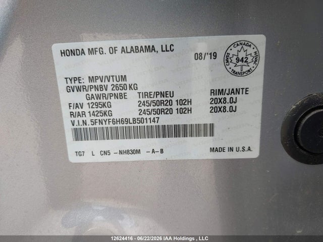 Honda Pilot Touring 2020 5FNYF6H69LB501147 Image 9