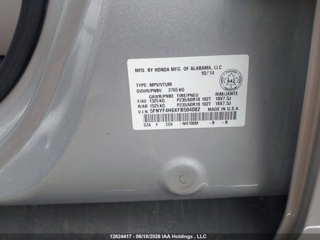 12624417 :رقم المزاد ، 5FNYF4H6XFB504082 vin ، 2015 Honda Pilot Ex-l مزاد بيع