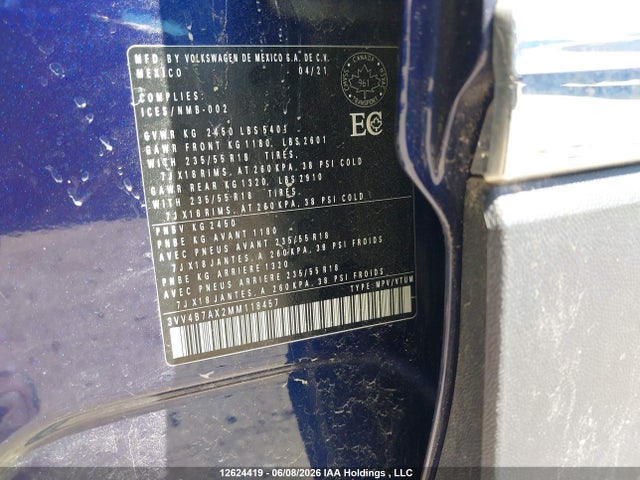 12624419 :رقم المزاد ، 3VV4B7AX2MM118457 vin ، 2021 Volkswagen Tiguan Highline مزاد بيع