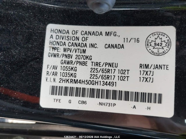 Продажа на аукционе авто 2016 Honda Cr-v Ex, vin: 2HKRM4H50GH134491, номер лота: 12624421