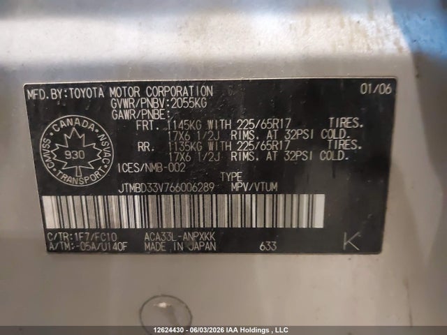 Aukcja sprzedaży 2006 Toyota Rav4, vin: JTMBD33V766006289, numer aukcji: 12624430
